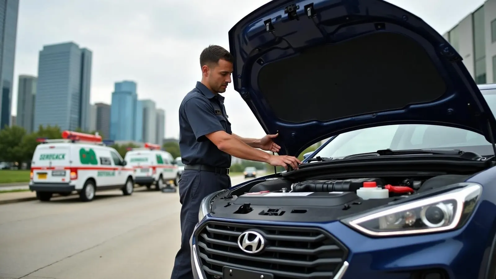 Professional technician installing new car battery in Houston