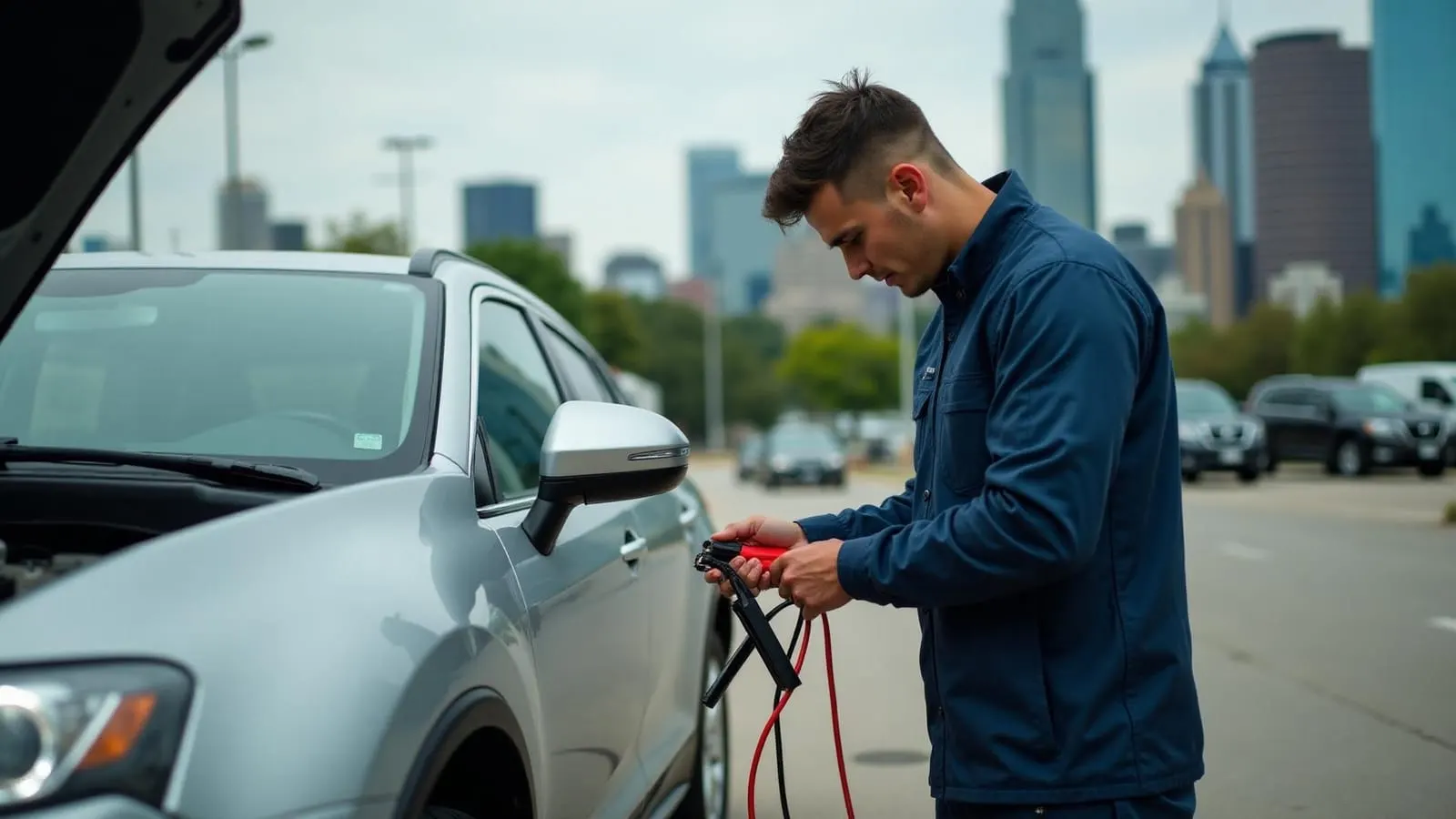 Professional technician providing jump start service in Houston